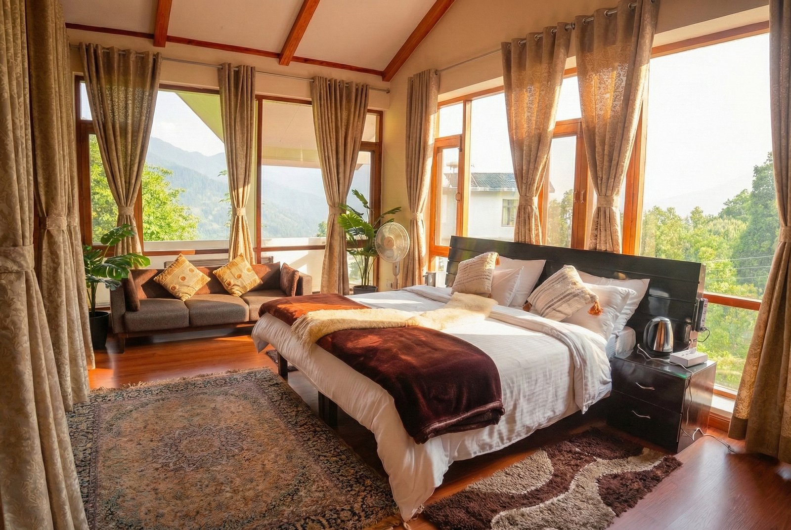 Third bedroom with queen-size bed and views of the surrounding pine and deodar cedar forest at Forestbound villa Manali